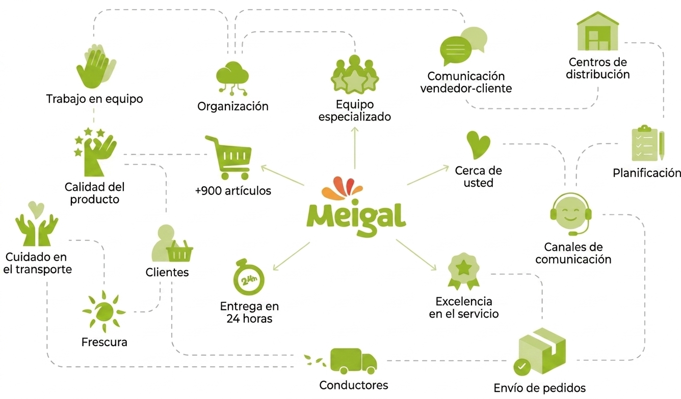 Mapa de todos los procedimientos de Meigal Alimentação, desde el pedido hasta la entrega del producto al cliente